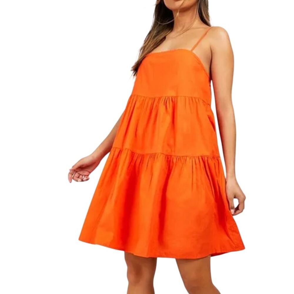 Boohoo Strappy Tiered Cotton Smock Dress in Orange, Size 12